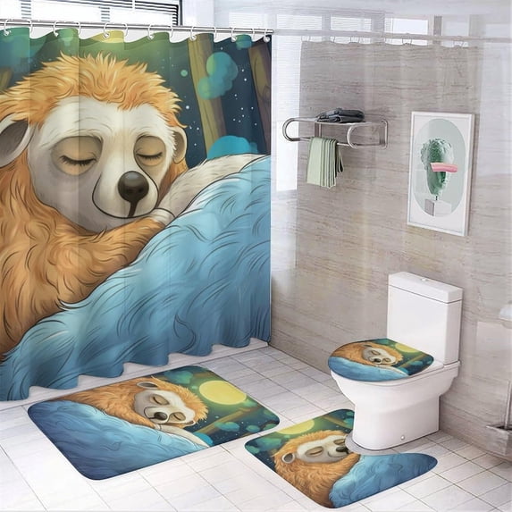 4PCS Colorful Sleeping Sloth Bathroom Set with Rugs and Toilet Lid Cover Retro Fantasy Cute Animal Waterproof Shower Curtain Set for Bathroom Decor, Style-2