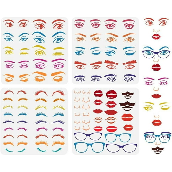4PCS Combination Facial Features Painting Stencil 11.8x11.8 inch Reusable Eyes Nose Eyebrows Lips Moustache Drawing Template Eyeglass Stencil for Painting on Wood Wall Fabric Furniture Colorful DIY
