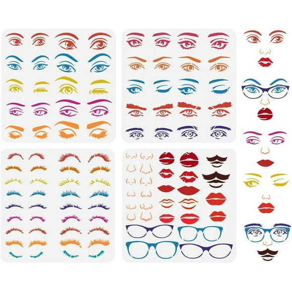 4PCS Combination Facial Features Painting Stencil 11.8x11.8 inch Reusable Eyes Nose Eyebrows Lips Moustache Drawing Template Eyeglass Stencil for Painting on Wood Wall Fabric Furniture