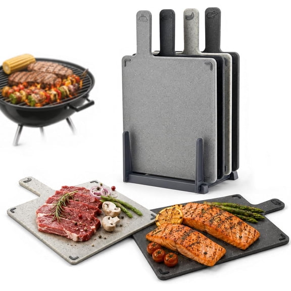 4PCS Compact BBQ Cutting Board Set with Stand, Handle & Color Coded Plastic Cutting Boards for Meat, Vegetables & Charcuterie, Small Family BBQ, Camping & Kitchen