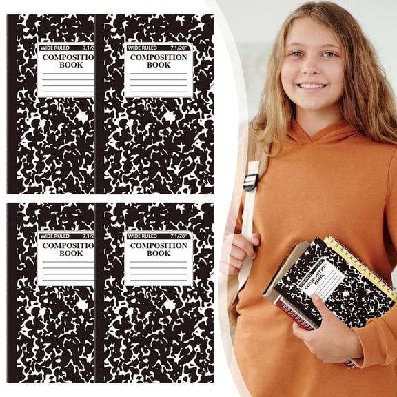 4PCS Composition Notebooks Bulk, Wide Ruled, 5.51"X 8.26", Black and White Marble Design, Paper Cover, 30 Sheets 60 Pages, Composition Book Classroom Supplies