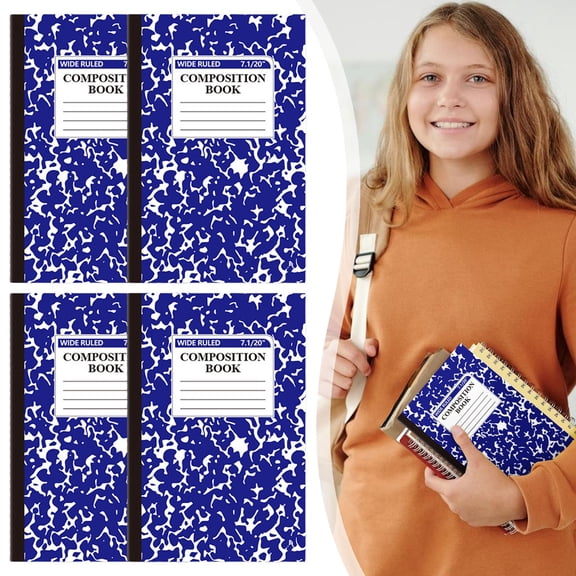 4PCS Composition Notebooks Bulk, Wide Ruled, 5.51"X 8.26", Dark Blue and White Marble Design, Paper Cover, 30 Sheets 60 Pages, Composition Book Classroom Supplies