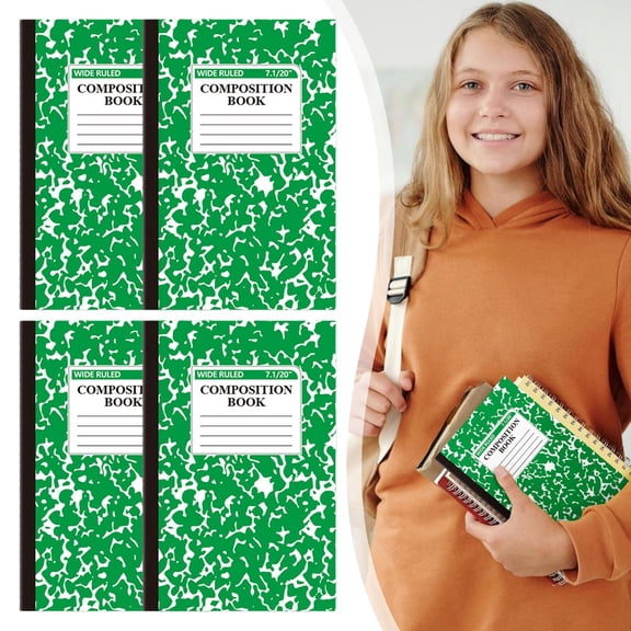 4PCS Composition Notebooks Bulk, Wide Ruled, 5.51"X 8.26", Green and White Marble Design, Paper Cover, 30 Sheets 60 Pages, Composition Book Classroom Supplies