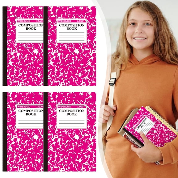 4PCS Composition Notebooks Bulk, Wide Ruled, 5.51"X 8.26", Hot Pink and White Marble Design, Paper Cover, 30 Sheets 60 Pages, Composition Book Classroom Supplies