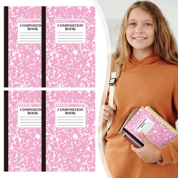 4PCS Composition Notebooks Bulk, Wide Ruled, 5.51"X 8.26", Pink and White Marble Design, Paper Cover, 30 Sheets 60 Pages, Composition Book Classroom Supplies