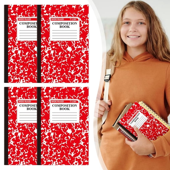4PCS Composition Notebooks Bulk, Wide Ruled, 5.51"X 8.26", Red and White Marble Design, Paper Cover, 30 Sheets 60 Pages, Composition Book Classroom Supplies