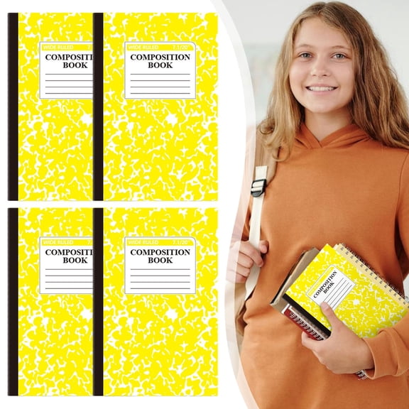 4PCS Composition Notebooks Bulk, Wide Ruled, 5.51"X 8.26", Yellow and White Marble Design, Paper Cover, 30 Sheets 60 Pages, Composition Book Classroom Supplies