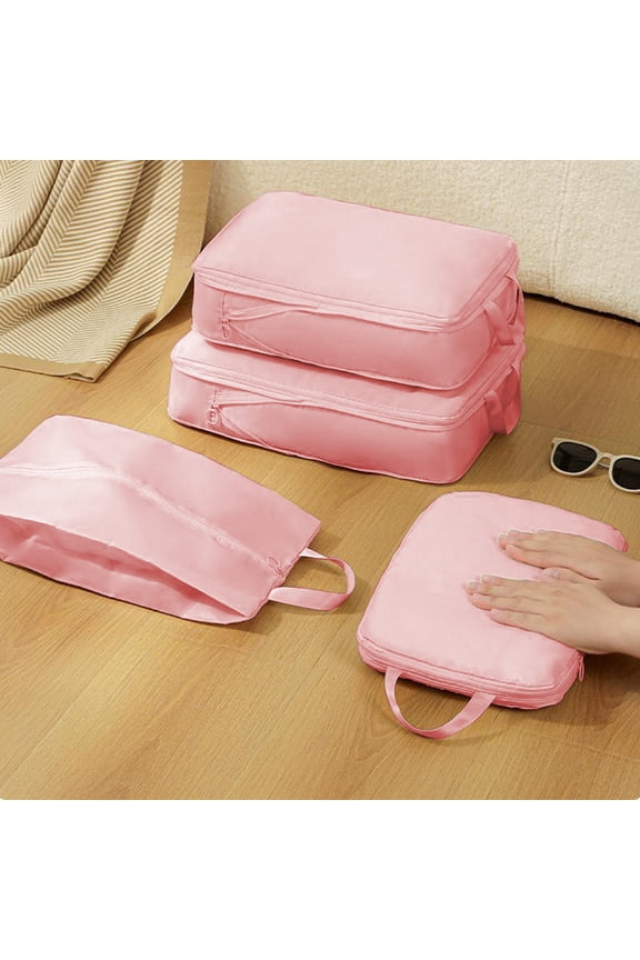 4PCS Compression Packing Cubes for Travel, Waterproof Luggage Organizer Bags Set with Double Zipper, Space Saving Suitcase Dividers for Clothes, Shoes - Pink