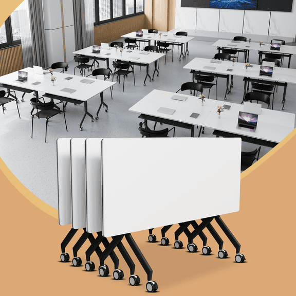 4PCS Conference Room Tables,55.1IN Folding Conference Table with Wheels,White Modular Conference Table,Rectangular Meeting Table for Office School Classroom Library Home