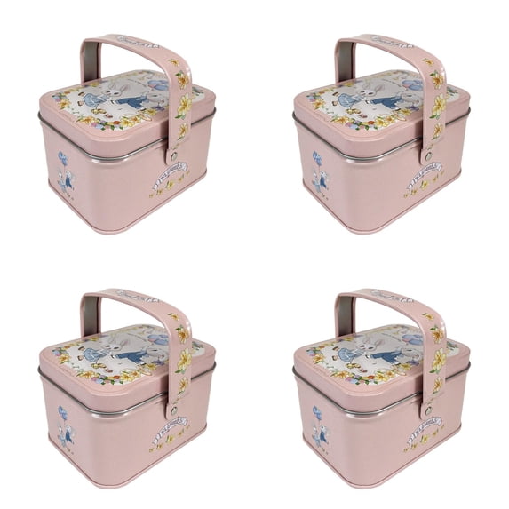 4PCS Cookie Tin Cute Print Strawberry Candy Tin Box Pink Cookie Containers Empty Metal Tins Box with Handle Rectangle Biscuit Storage Tin Can Goody Treat Tin for Christmas Wedding Baby Party Favor