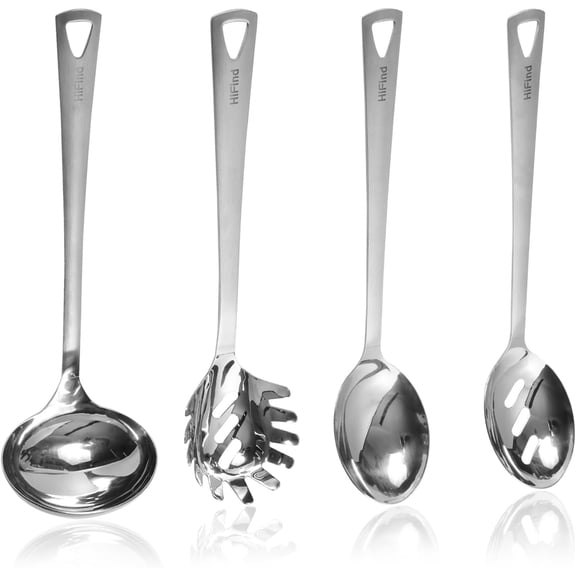 4PCS Cooking Utensils Set, Stainless Steel Kitchen Utensils Set, Durable Kitchenware Set for Cooking, Utensils Set with Slotted Serving Spoon, Spaghetti Fork, Ladle, Solid Serving Spoon