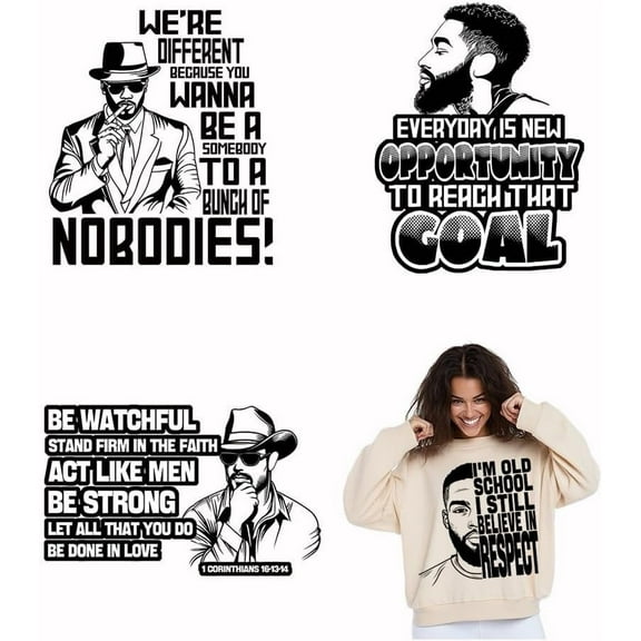 4PCS Cool Man Iron On Transfer Patches Quotes Heat Transfer Stickers DIY Black and White Iron On Decals Washable Heat Transfers Paper for Man Clothing T-Shirt Backpacks Bag Pillow Decor