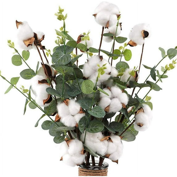 4PCS Cotton Stems with Eucalyptus Leaves, Fake Cotton Flowers Dried Cotton Picks Stalks Plants, Artificial Cotton Floral Stems Faux Farmhouse Decorations for Vase Home Decor