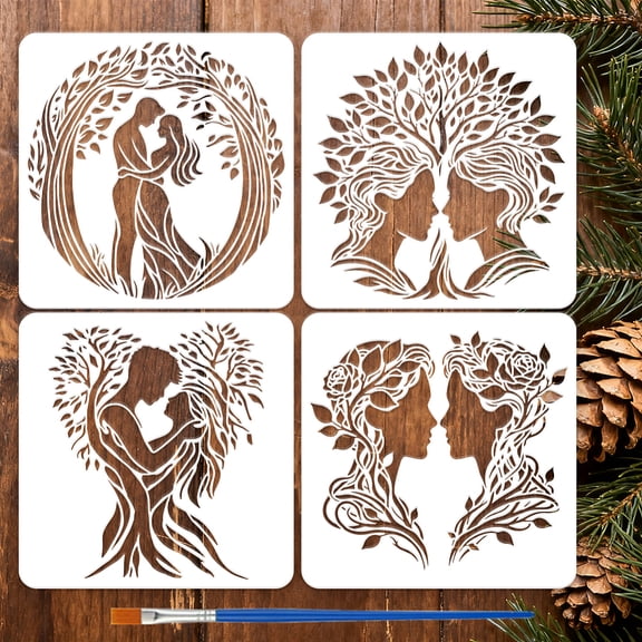 4PCS Couple Stencils 11.8x11.8 Inch Lover Tree Painting Stencil Reusable Couple and Tree Templates with a Brush