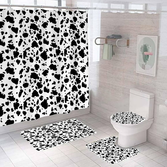 4PCS Cow Print Shower Curtain Sets with Rugs, Waterproof Fabric Black and White Shower Curtain, Funny Farm Animal Bull Cattle Skin Cowhide Country Rustic Farmhouse Bathroom Decor, Cow Decor