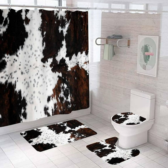4PCS Cow Print Shower Curtain Sets with Rugs, Waterproof Fabric Brown Black White Shower Curtain, Funny Cute Farm Animal Milk Cow Skin Cowhide Western Country Rustic Farmhouse Bathroom Decor
