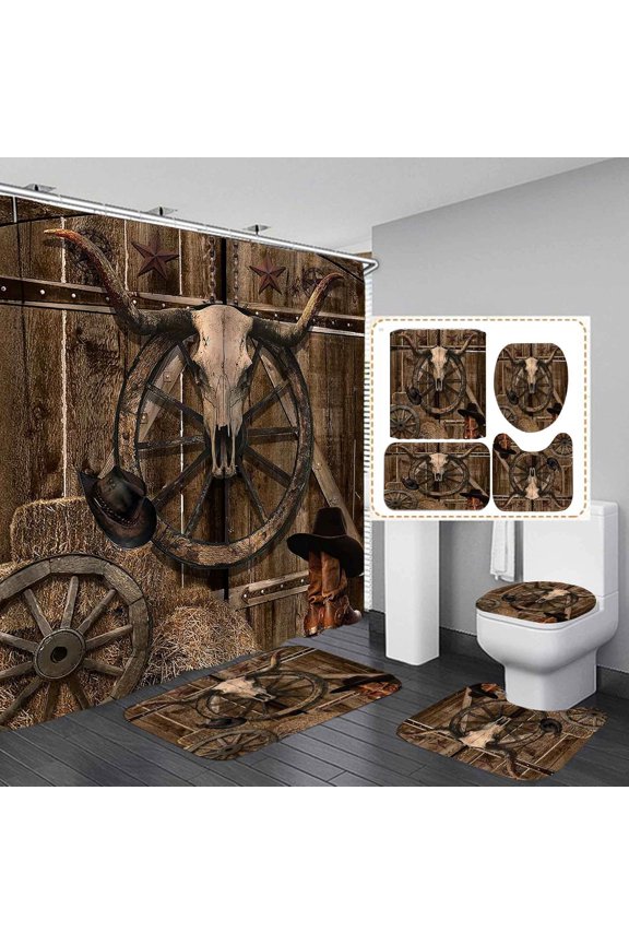 4PCS Cowboy Shower Curtain Set, Cow Skull Cowboy Boots Country Rustic Farmhouse Southwestern Wild West Bathroom Decor, Waterproof Fabric Shower Curtain, Non-slip Bath Mat, Western Gifts