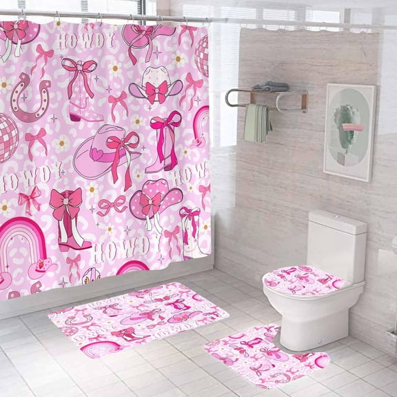 4PCS Cowgirl Shower Curtain Sets With Rugs, Waterproof Fabric Pink Shower Curtain, Howdy Disco Bow Rainbow Cowboy Hat Boots Horseshoe Leopard Print Aesthetic Groovy Funky Preppy Bathroom Decor