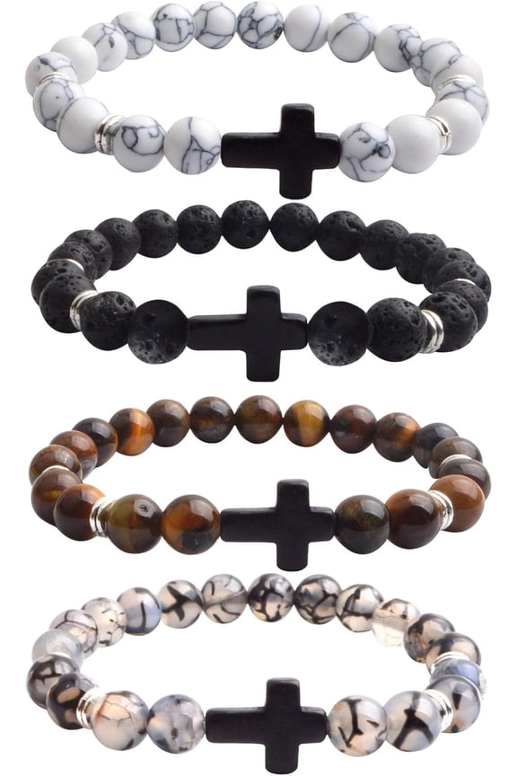4PCS Cross Bracelet For Men Set 8 mm Healing Lava Stone Stretch Bracelets Mens Cross Beads Bracelets for Easter Christmas Birthday