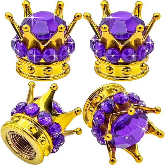 4PCS Crown Bling Tire Stem Valve Caps, Crystal Diamond Tire Air Cap Set Universal Copper Core Stem Covers for Cars, SUV, Trucks, Bikes, Motorcycles, Bicycles (Gold & Purple)