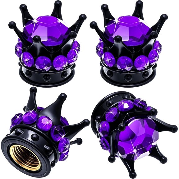 4PCS Crown Bling Tire Stem Valve Caps, Crystal Diamond Tire Air Cap Set Universal Copper Core Stem Covers for Cars, SUV, Trucks, Bikes, Motorcycles, Bicycles (Black & Purple)
