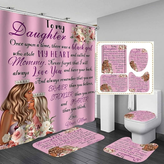 4PCS Cute Black Girl Shower Curtain Set, Ballerina Ballet Dancer Afro Black Woman African American Bathroom Decor, Waterproof Fabric Pink Shower Curtain, Non-Slip Bath Mat Toilet Rug