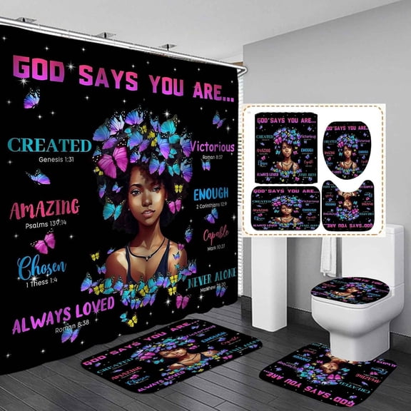 4PCS Cute Black Girl Shower Curtain Set, Ballerina Ballet Dancer Afro Black Woman African American Bathroom Decor, Waterproof Fabric Pink Shower Curtain, Non-Slip Bath Mat Toilet Rug
