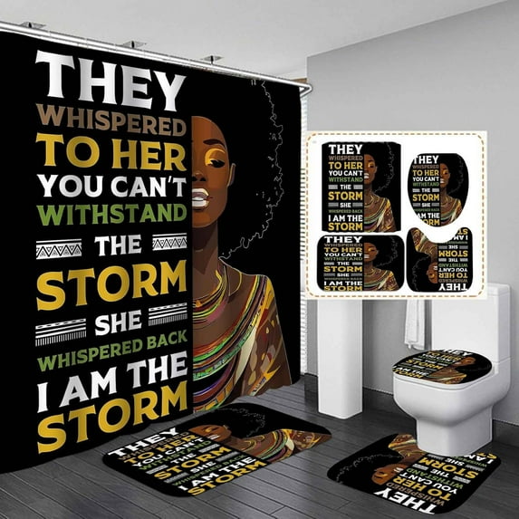 4PCS Cute Black Girl Shower Curtain Set, Inspirational Quotes Butterfly Ballet Black Women African American Woman Bathroom Decor Waterproof Fabric Pink Shower Curtain, Non-slip Bath Mat