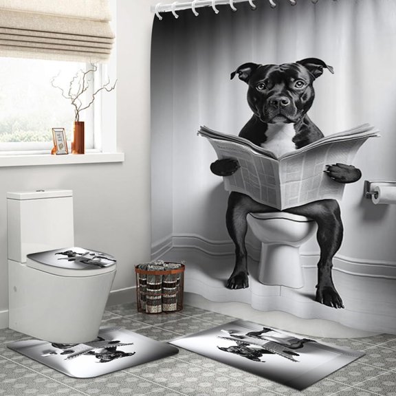 4PCS Cute Dog Kids Shower Curtain Set with Bathroom Rugs Bath Shower Curtain Mini Schnauzer Bathroom Curtain Schnauzer Funny Bath Curtain Kids Cloths Shower Curtain Schnauzer Dog Lover Gift