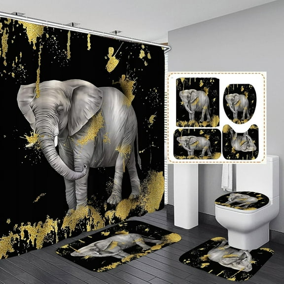 4PCS Cute Elephant Shower Curtain Set, African Wild Animal Wildlife Safari Glam Modern Bathroom Decor, Waterproof Fabric Black Curtain, Non-slip Bath Mat Toilet Rug, Gold Glitter