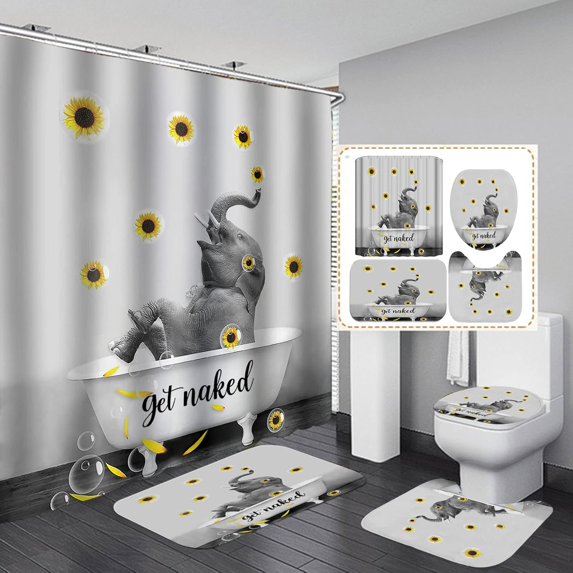 4PCS Cute Elephant Shower Curtain Set, African Wild Animal Wildlife Safari Glam Modern Bathroom Decor, Waterproof Fabric Black Curtain, Non-slip Bath Mat Toilet Rug, Gold Glitter