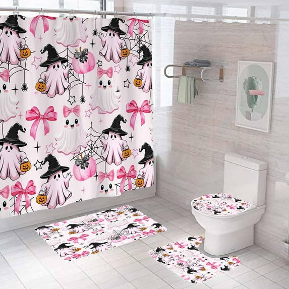 4PCS Cute Ghost Shower Curtain Sets With Rugs, Fun Halloween Shower Curtain, Waterproof Fabric Shower Curtain, Gothic Spooky in Bathtub Vintage Dark Rose Daisy Black Floral Kids Bathroom Decor