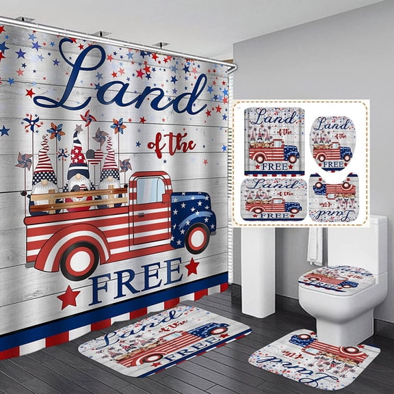 4PCS Cute Gnome American Flag Shower Curtain Set, Red Farm Truck Stars and Stripes 4th of July Independence Day Patriotic Celebration Country Rustic Farmhouse Bathroom Decor, Non-slip Bath Mat