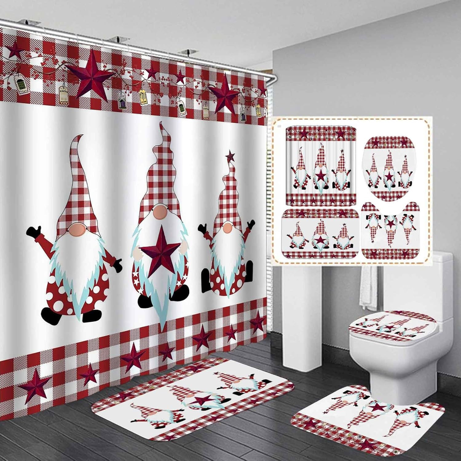 4PCS Cute Gnome Shower Curtain Set, Inspirational Quotes Yellow