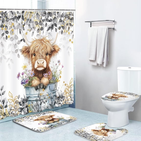 4PCS Cute Highland Cow Shower Curtain Sets, Farmhouse Rustic Cattle Sunflower Western Waterproof Bathroom Accessories with Non-Slip Rugs, Toilet Lid Cover Bath Mat and 12 Hooks, Home Decor 72" x 72"
