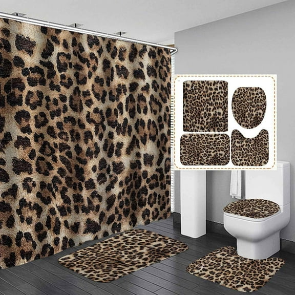 4PCS Cute Leopard Shower Curtain Set, Pink Rose Peony Floral Plant Cheetah Cow Print African Wildlife Safari Animal Bathroom Decor, Waterproof Fabric Shower Curtain, Non-Slip Bath Mat