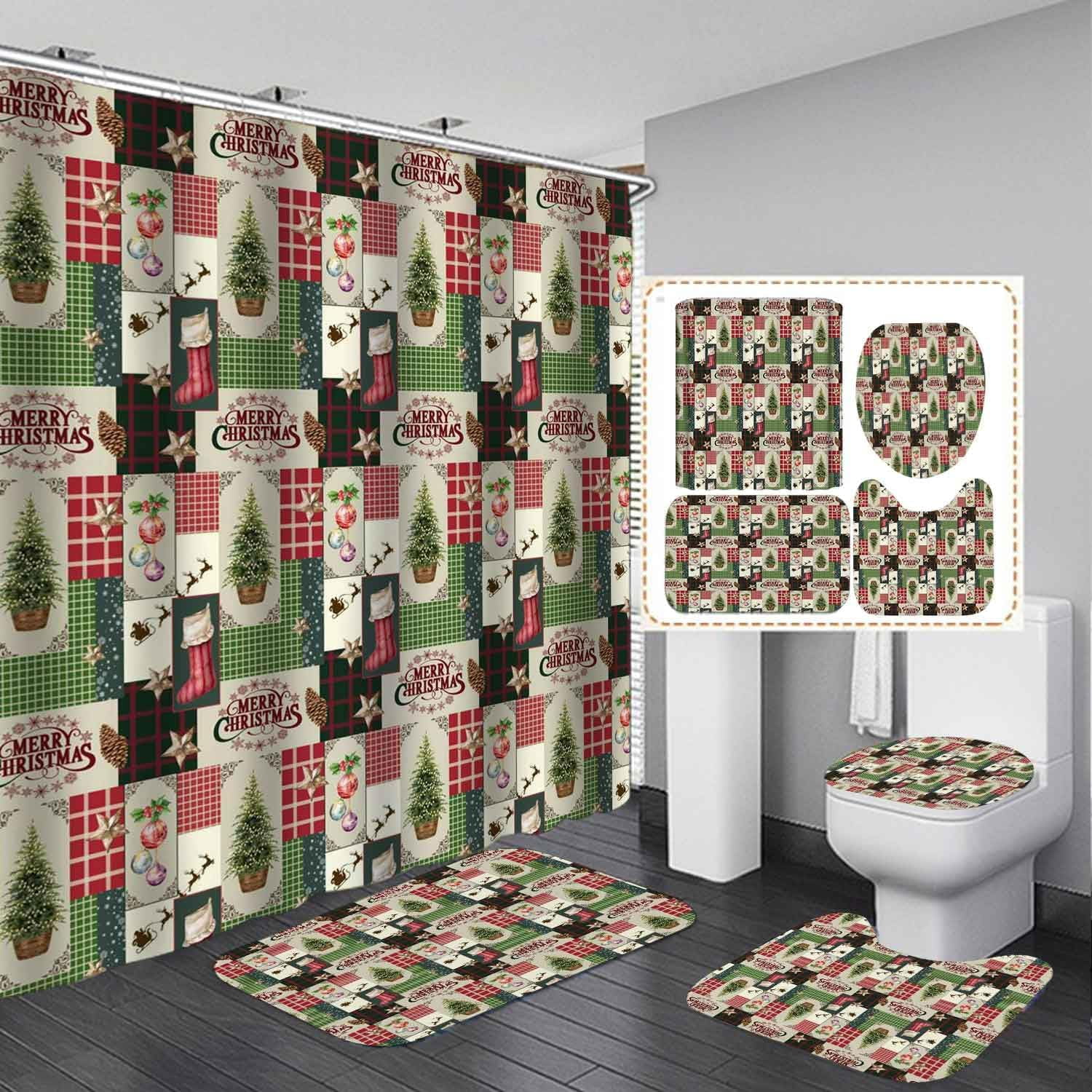 4PCS Cute Reindeer Christmas Shower Curtain Sets with Rugs, Waterproof