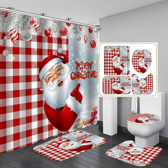 4PCS Cute Santa Claus Shower Curtain Set, White Red Buffalo Plaid Winter Xmas Holiday Merry Christmas Bathroom Decor, Waterproof Fabric Shower Curtain, Non-Slip Bath Mat Toilet Rug