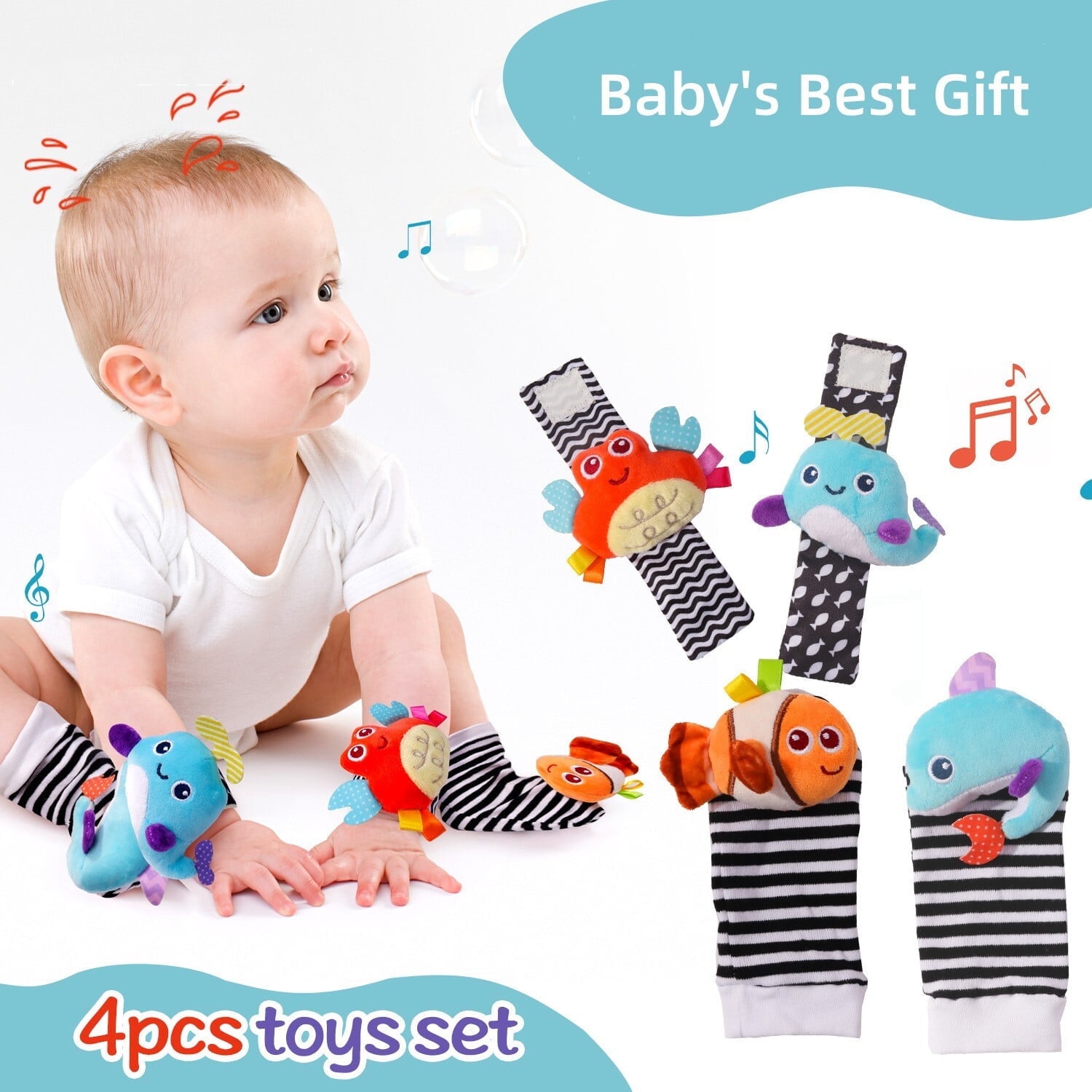4PCS Cute Sea Animal Baby Rattle Socks Wrist Toys,Newborn Toys