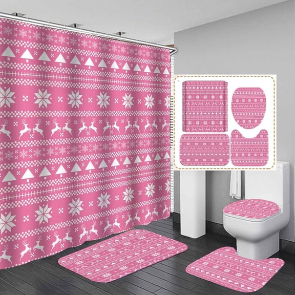 4PCS Cute Snowman Christmas Shower Curtain Set, Waterproof Fabric Grey Shower Curtain, Non-Slip Bath Mat Bathroom Rugs, Winter Forest Xmas Tree Snowflake Bird Cardinal Holiday Bathroom Decor