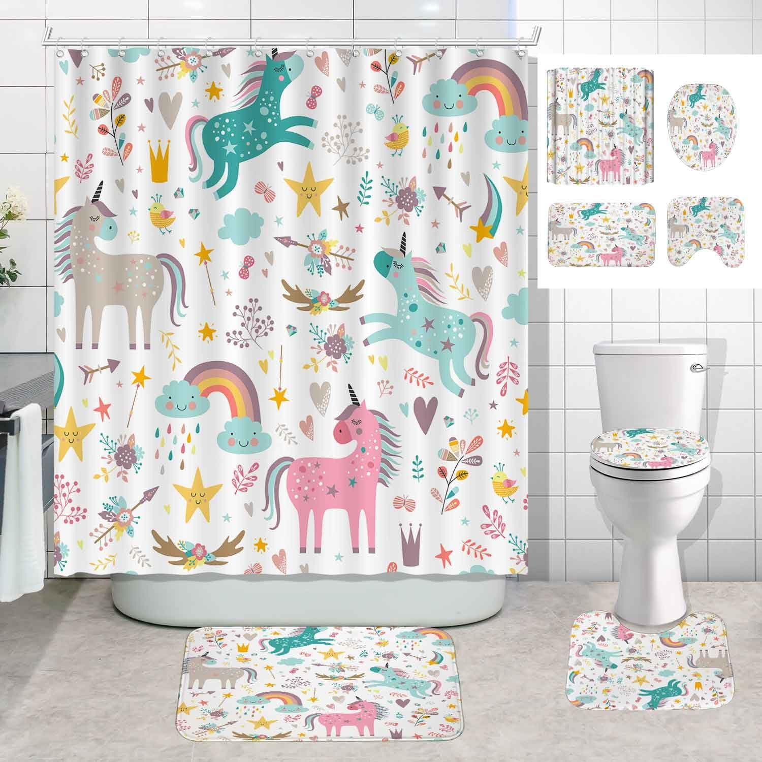 4PCS Cute Unicorn Shower Curtain Set, Rainbow Star Diamond Flower