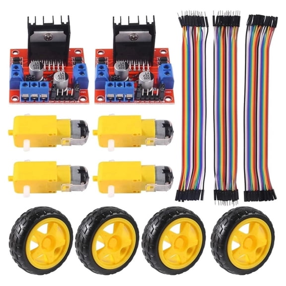 4PCS DC 3-6V TT Gear Motor with 4Pcs Plastic Tire Wheel + L298N Driver Module Kit, Smart Car Motor Drive Set for Arduino Robotics Projects