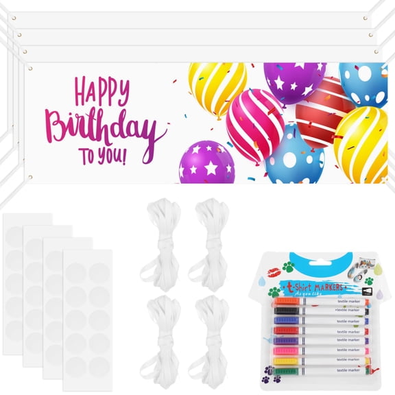 4PCS DIY Blank Banner Set with 8 Textile Markers and Ropes, 23.6" x 70.9" Banner for Painting, Double-Sided Graffiti Polyester Personalized Banner for Birthday, Graduation & Party Celebrations
