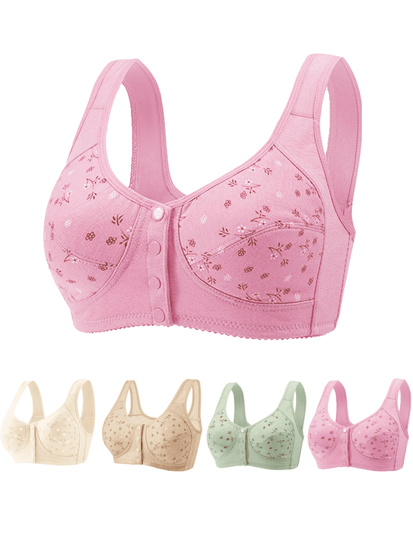 4PCS Daisy Bras for Older Women, Daisy Bras for Women Front Closure No Underwire Comfort Senior Snap Closing Bra
