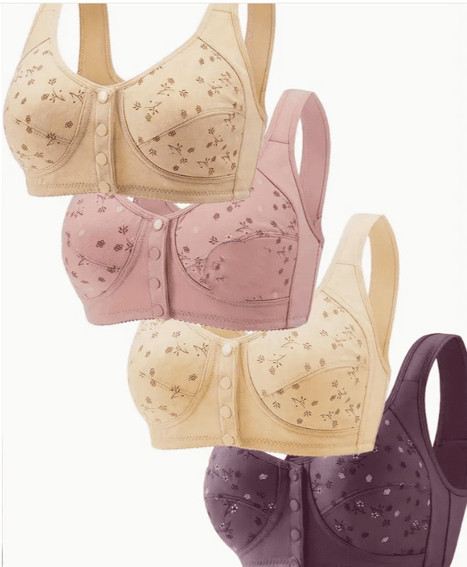 4PCS Daisy Bras for Older Women, Daisy Bras for Women Front Closure No Underwire Comfort Senior Snap Closing Bra