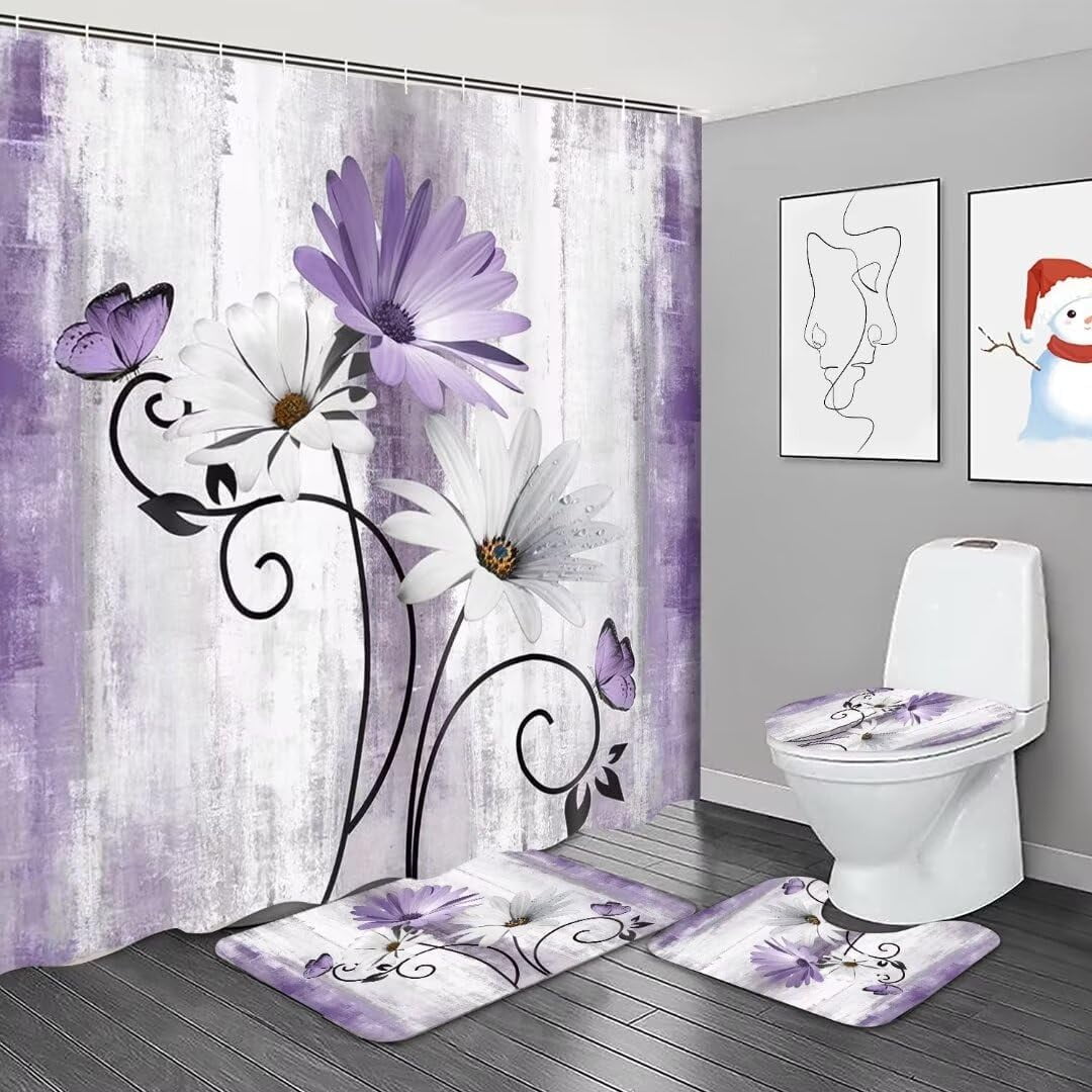 4PCS Daisy Country Farmhouse Shower Curtain Set with Shower Curtain and Carpet and Accessories, Waterproof Bathroom Shower Curtain Decorative Set with 12 pcs Hooks,71 x 71in