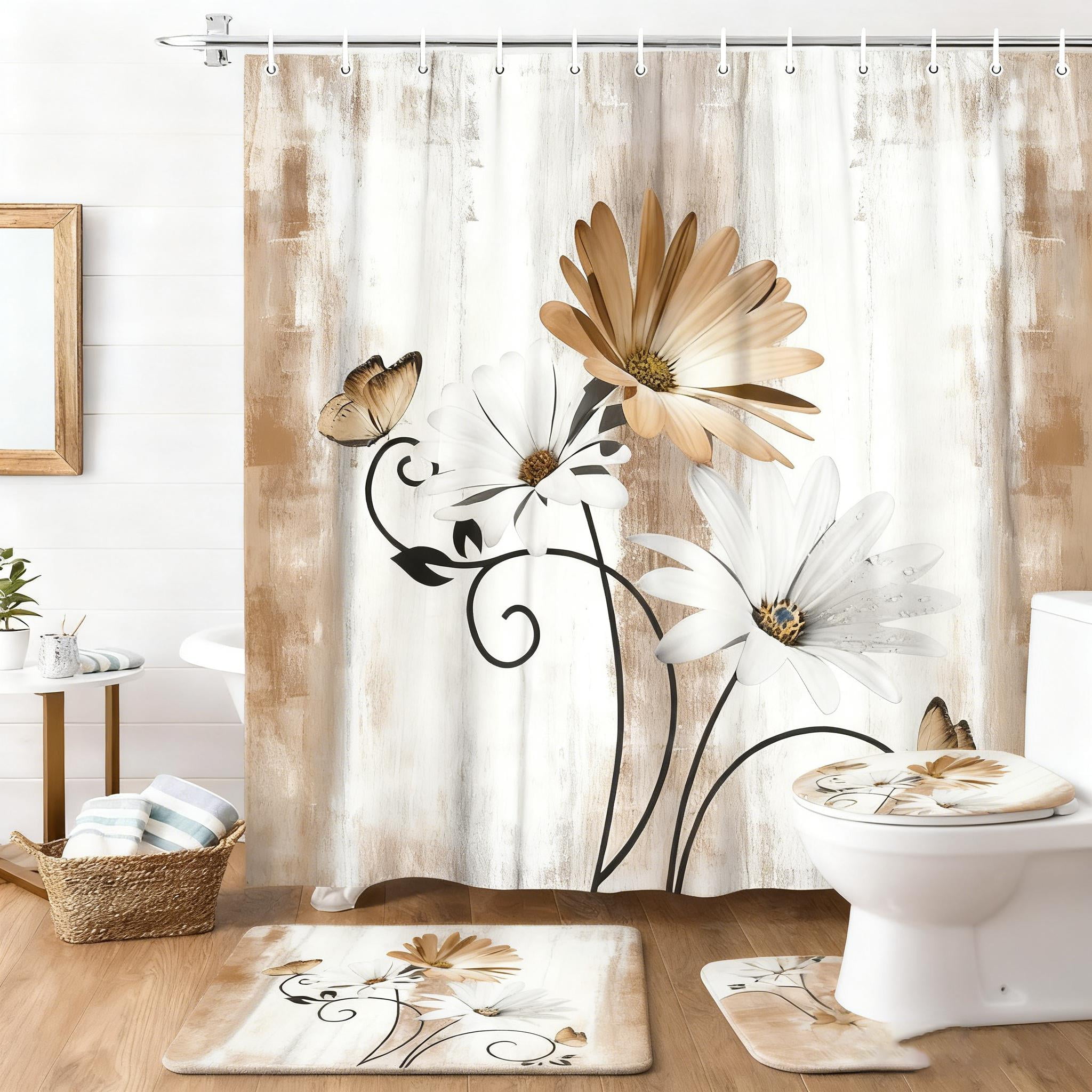 4PCS Daisy Country Farmhouse Shower Curtain Set with Shower Curtain and Carpet and Accessories, Waterproof Bathroom Shower Curtain Decorative Set with 12 pcs Hooks,71 x 71in