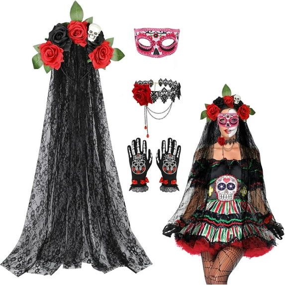 4PCS Day of the Dead Costume Set for Women, Flower Skull Headband Veil, Sugar Skull Mask, Flower Necklace, Skeleton Gloves, Halloween Cosplay Accessories for Party