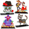 thumbnail image 1 of 4PCS Day of The Dead Table Decorations,Wooden Mexican Dia De Los Muertos Altar Centerpiece with Sugar Skull Dancing Ghost Skeleton Couple Skeleton Cat Altar for Day of The Dead Alter Decor, 1 of 7