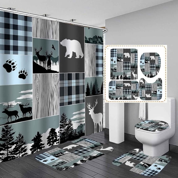 4PCS Deer Antler Shower Curtain Set with Rugs, Green Pine Tree Misty Forest Nature Scenery Funny Quote Bird Elk Moose Wildlife Animal Hunting Rustic Cabin Bathroom Decor, Get Buck Naked